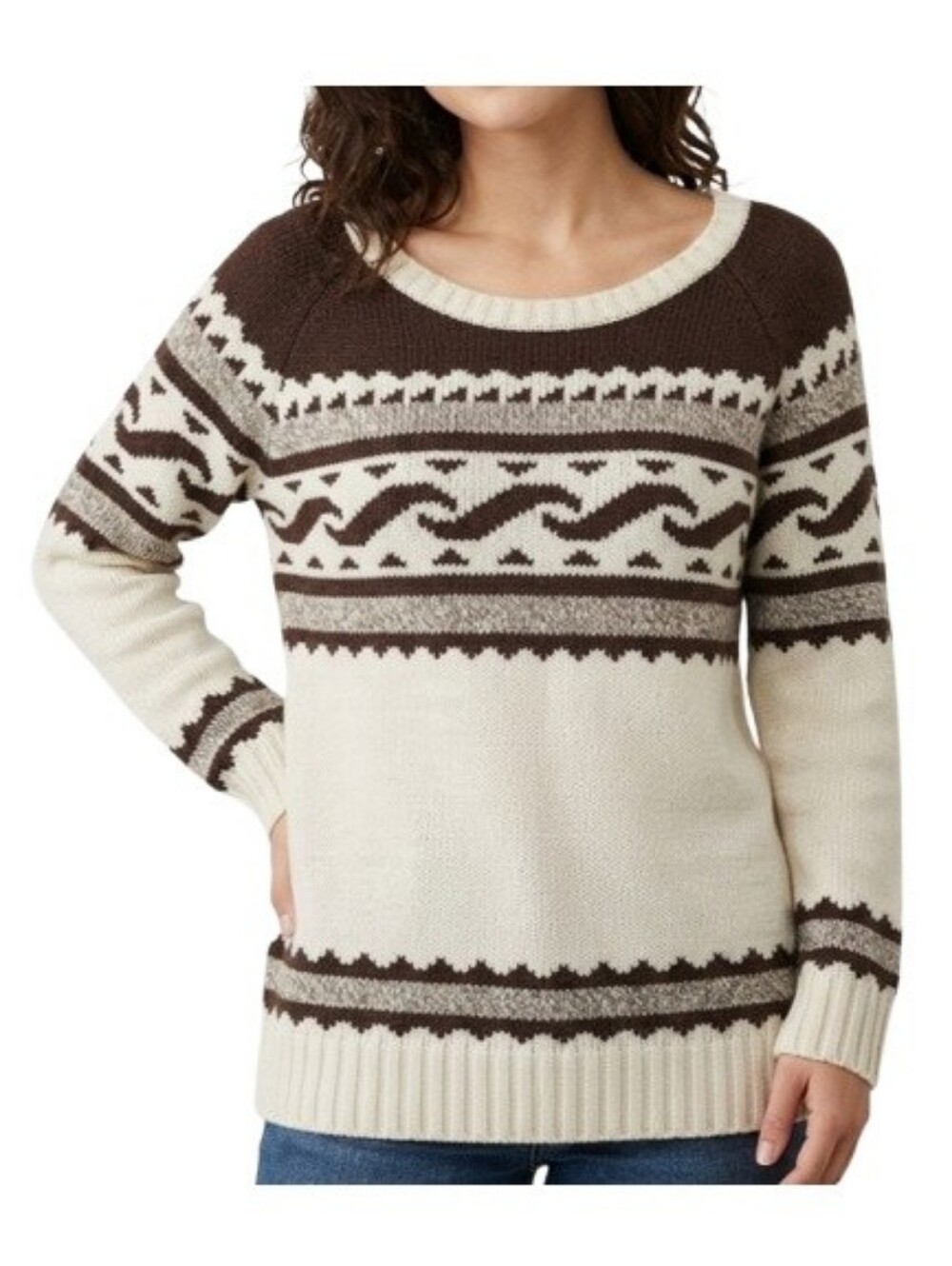American Eagle Pullover Sweater Ivory Brown Print AEO Wool Blend Winter